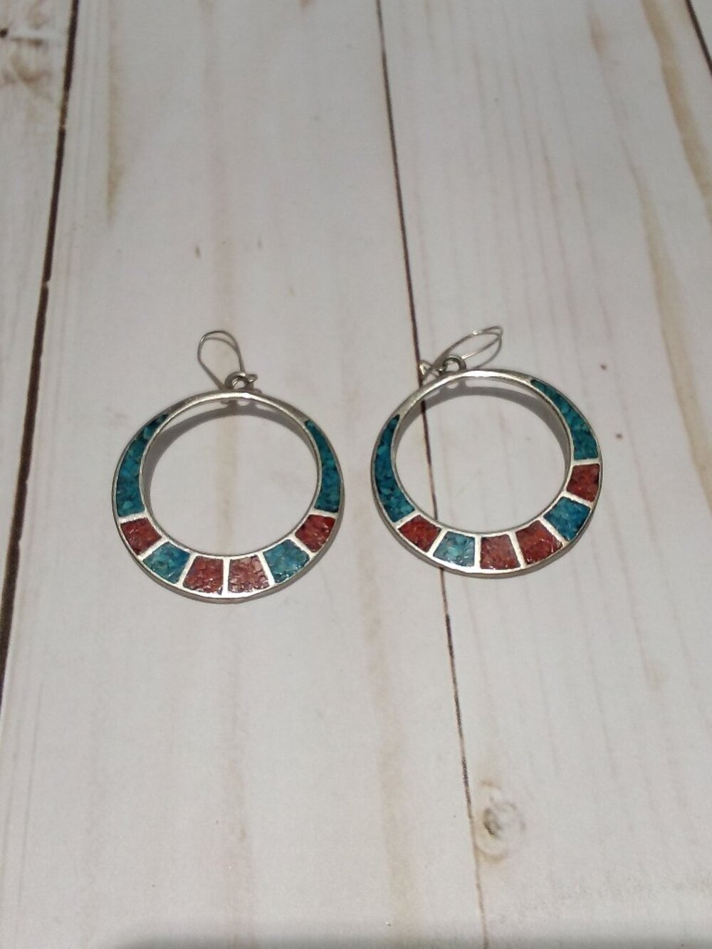 A pair of 925 Sterling Turquoise and Coral  Pierced Hoop Earrings